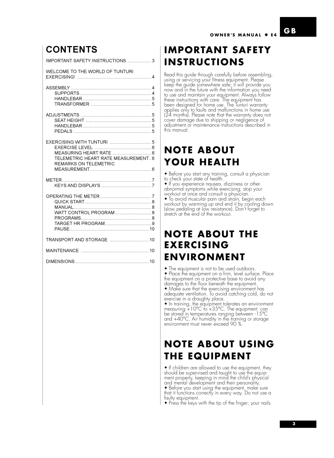 Tunturi E4 owner manual Contents 