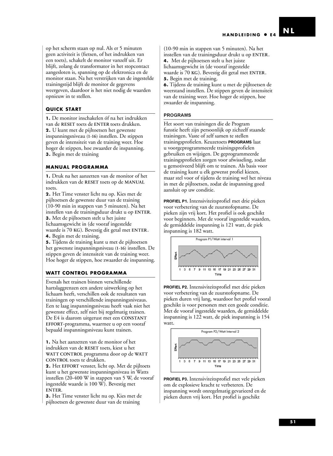 Tunturi E4 owner manual Begin met de training, Manual Programma 