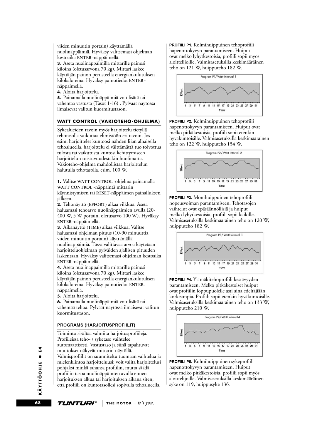 Tunturi E4 owner manual Watt Control VAKIOTEHO-OHJELMA 