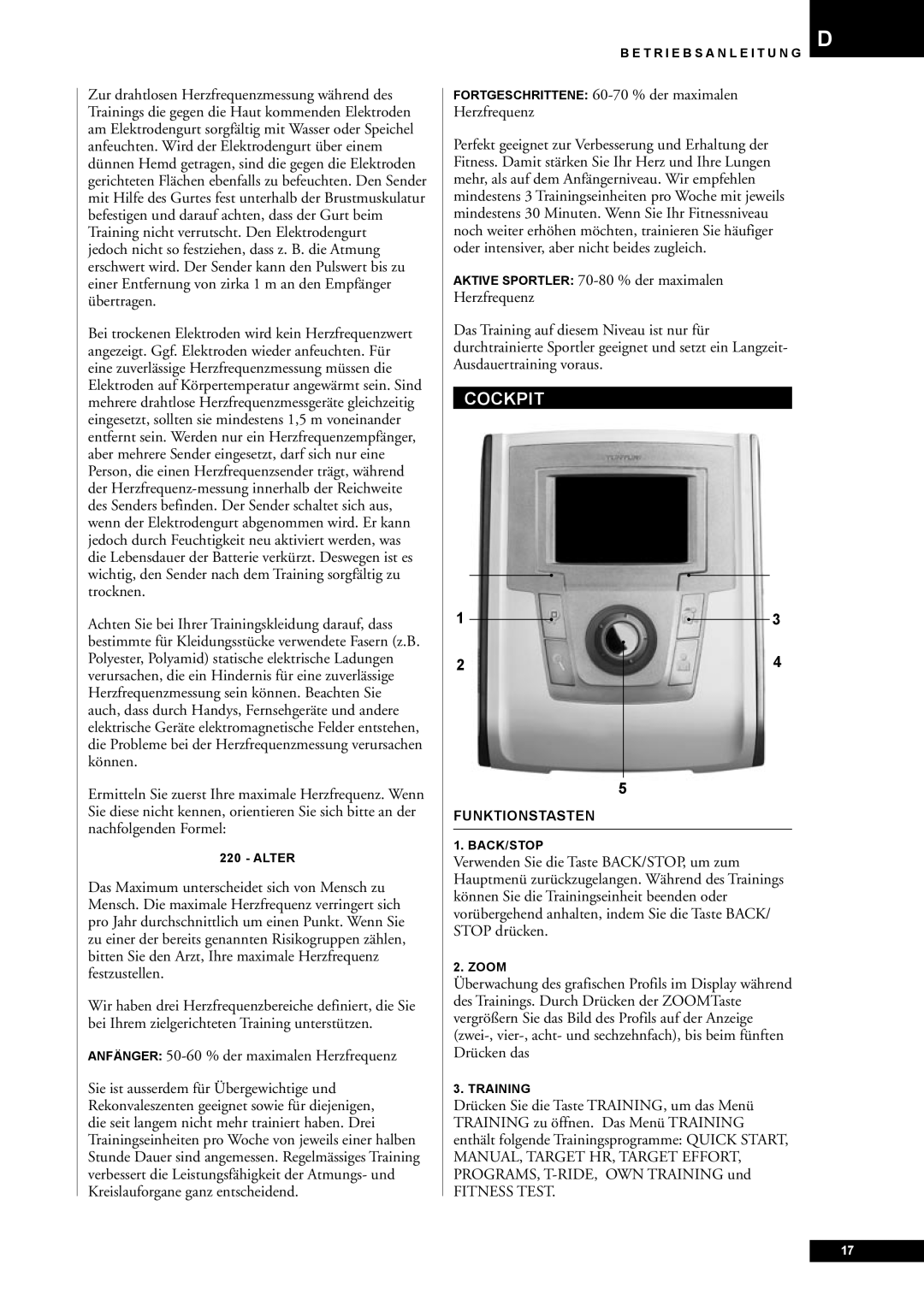 Tunturi E40, E45 owner manual Cockpit, Anfänger 50-60 % der maximalen Herzfrequenz, Funktionstasten 