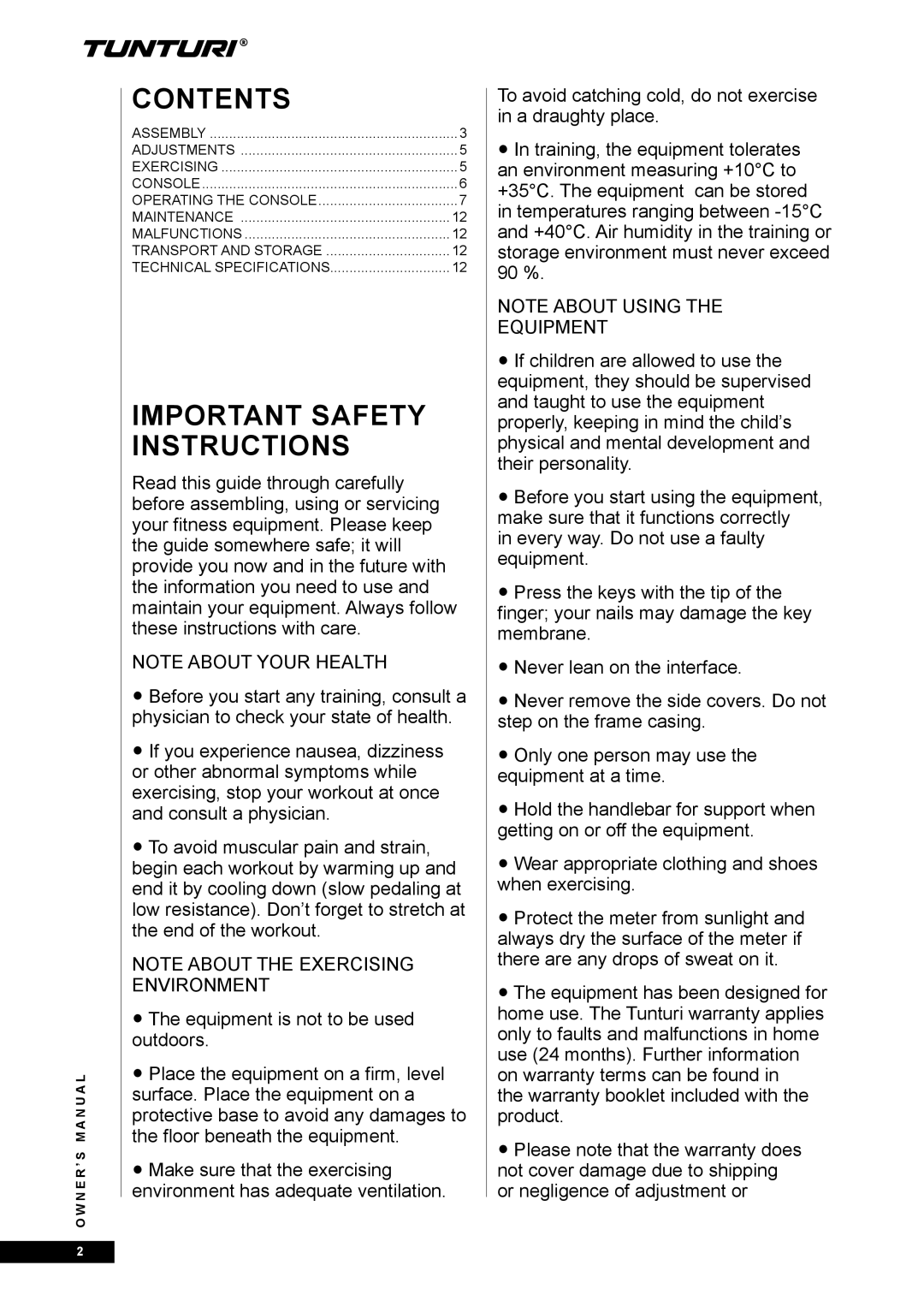 Tunturi E45, E40 owner manual Contents 