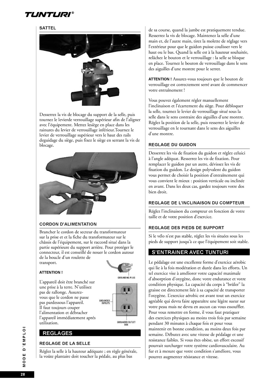 Tunturi E45, E40 Reglages, ’ENTRAINER Avec Tunturi, Transport, Desserrez les vis de fixation du guidon et réglez celuici 