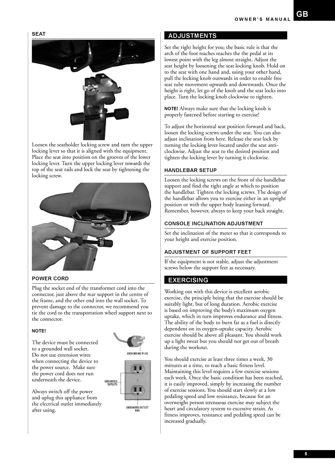 Tunturi E40, E45 owner manual Adjustments, Exercising 