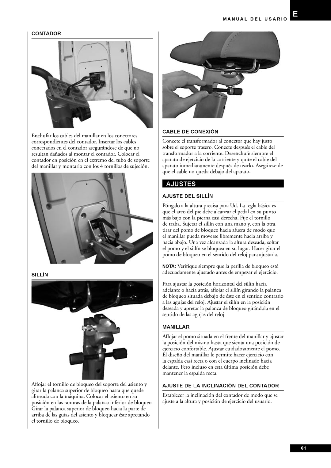 Tunturi E40, E45 owner manual Ajustes 