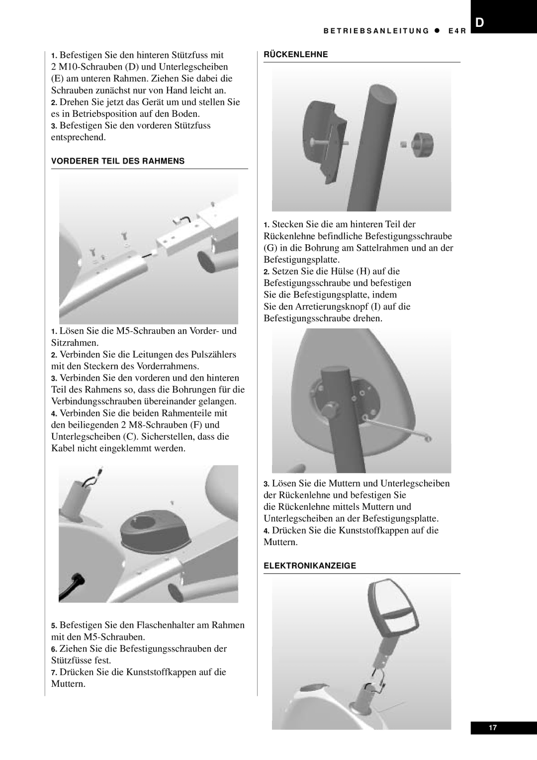 Tunturi E4R owner manual Vorderer Teil DES Rahmens 