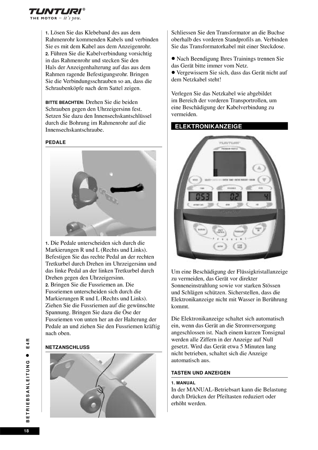 Tunturi E4R owner manual Elektronikanzeige 