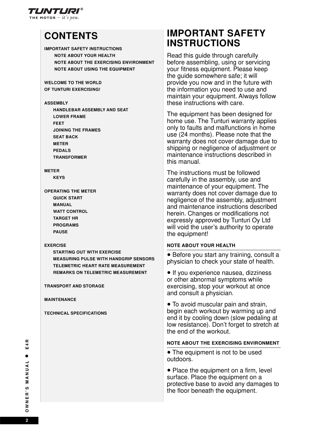 Tunturi E4R owner manual Contents 