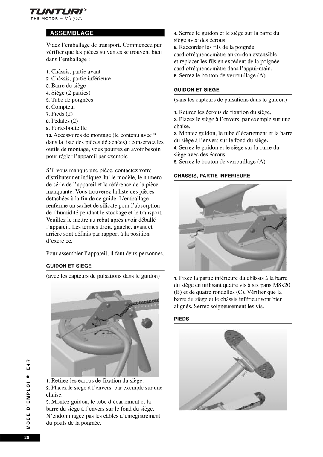 Tunturi E4R owner manual Assemblage 