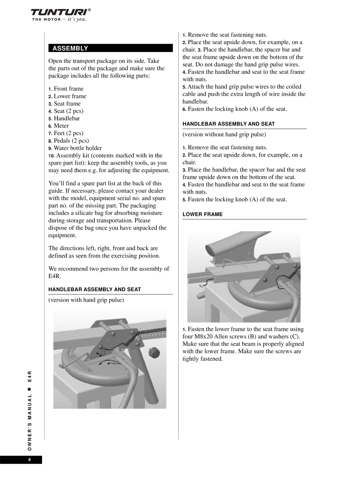 Tunturi E4R owner manual Assembly 