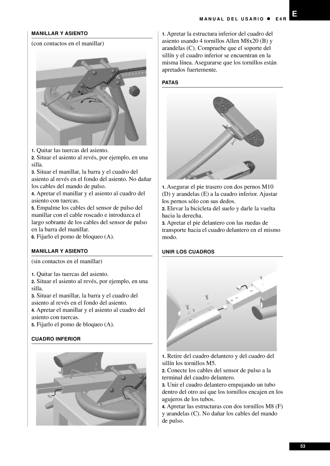 Tunturi E4R owner manual Manillar Y Asiento 