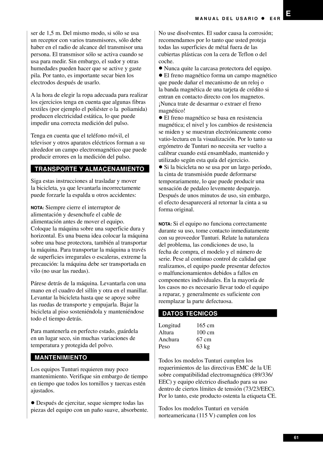 Tunturi E4R owner manual Transporte Y Almacenamiento, Mantenimiento, Datos Tecnicos 