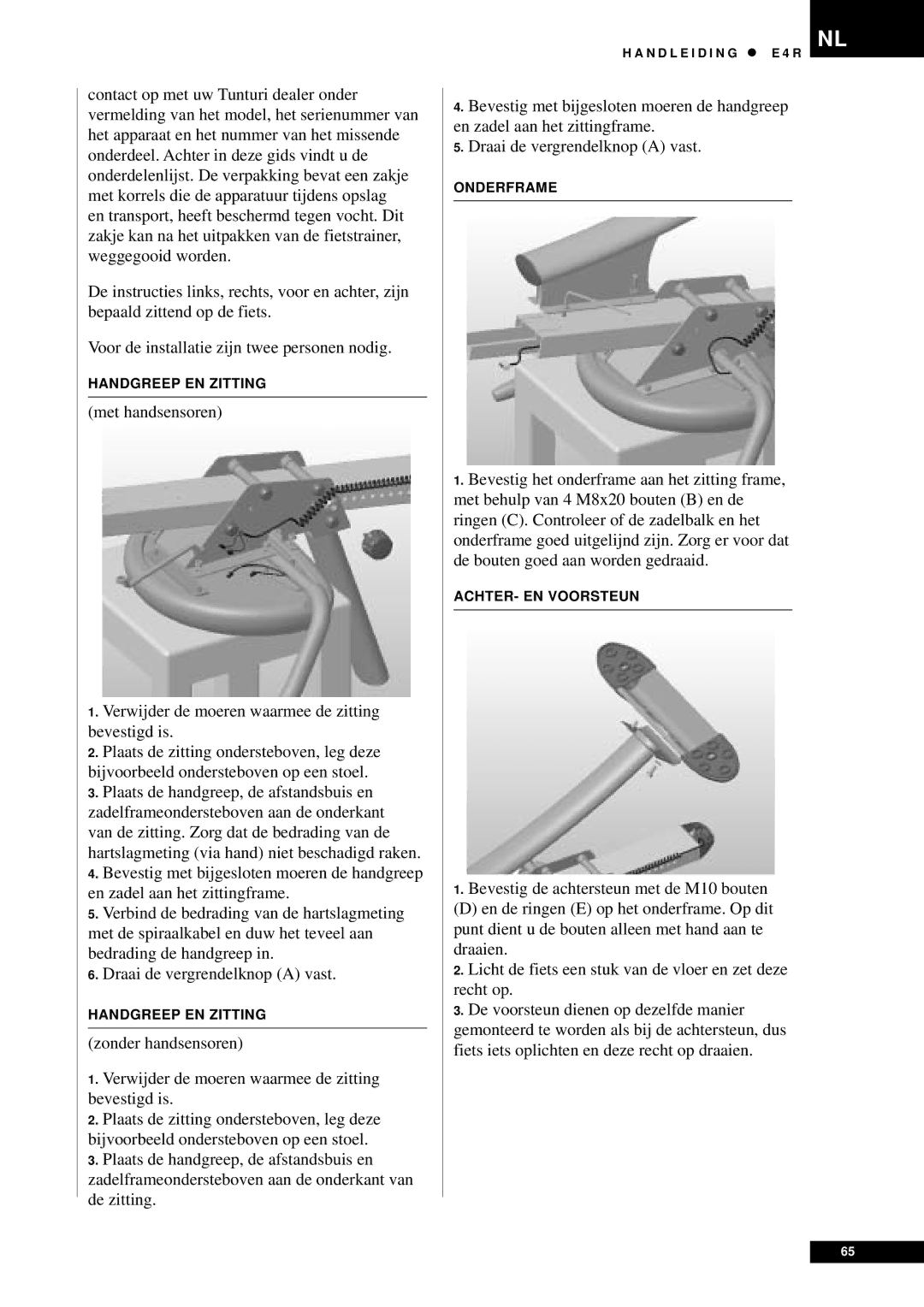 Tunturi E4R owner manual Handgreep EN Zitting 