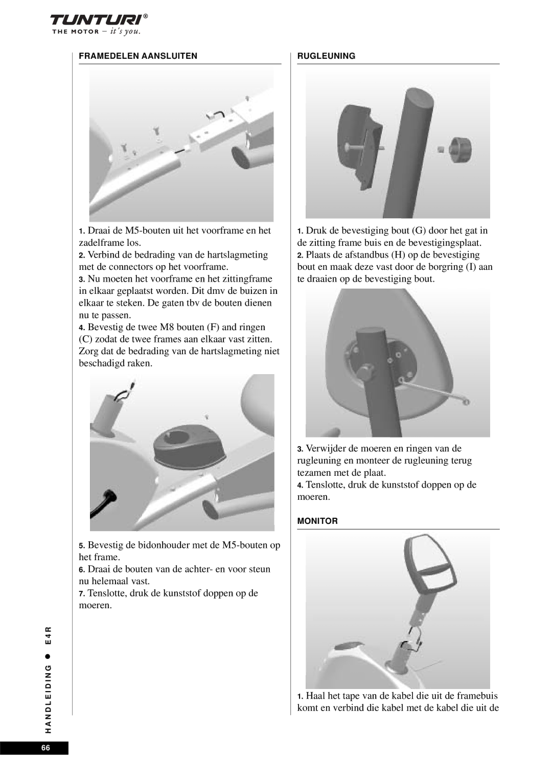 Tunturi E4R owner manual Framedelen Aansluiten 