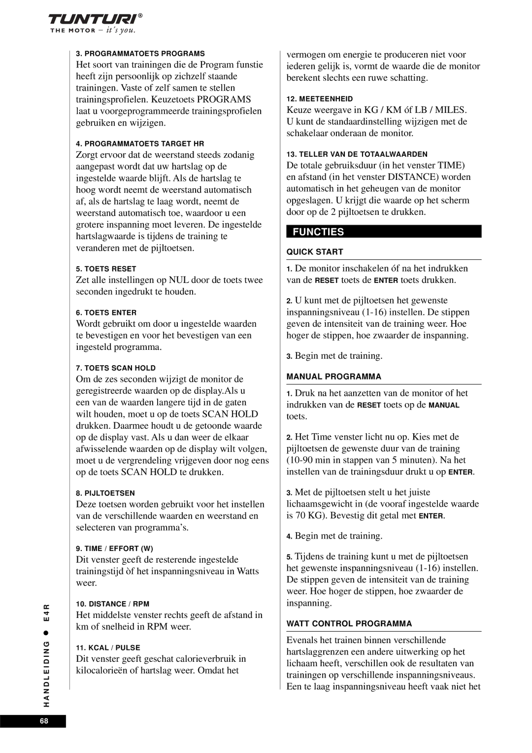 Tunturi E4R owner manual Functies, Manual Programma 