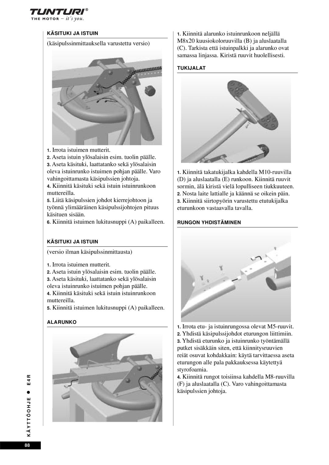 Tunturi E4R owner manual Käsituki JA Istuin 