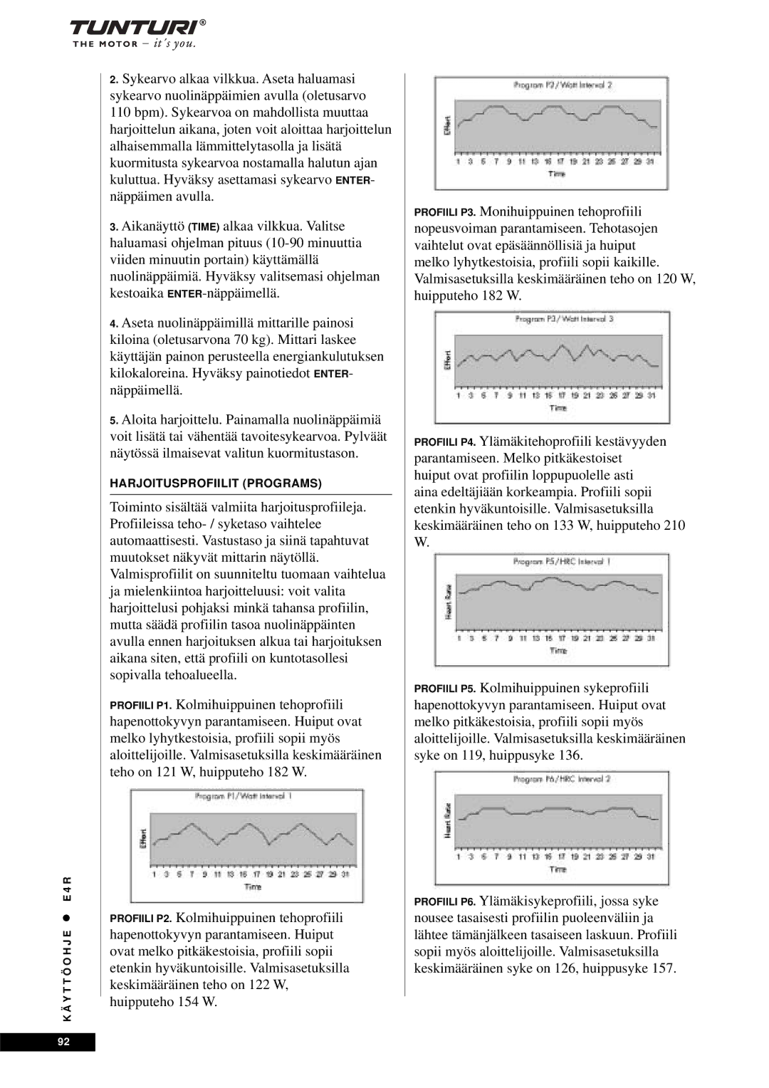 Tunturi E4R owner manual Harjoitusprofiilit Programs 