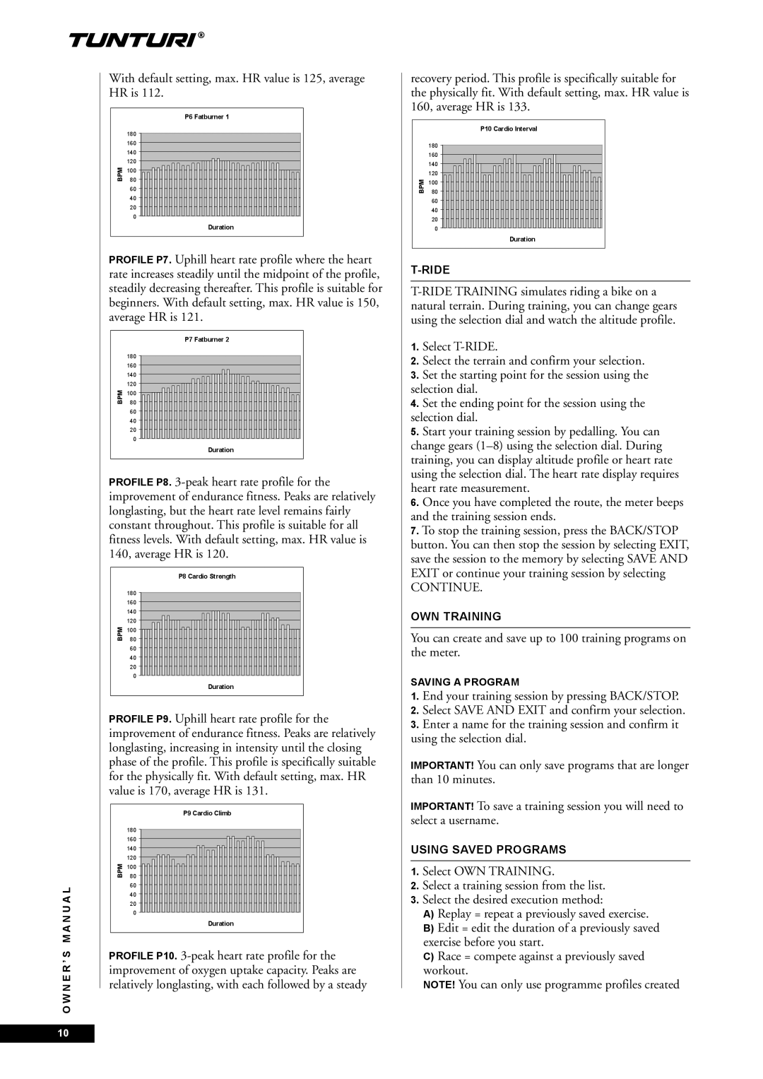 Tunturi E60 With default setting, max. HR value is 125, average HR is, Ride, OWN Training, Using Saved Programs 