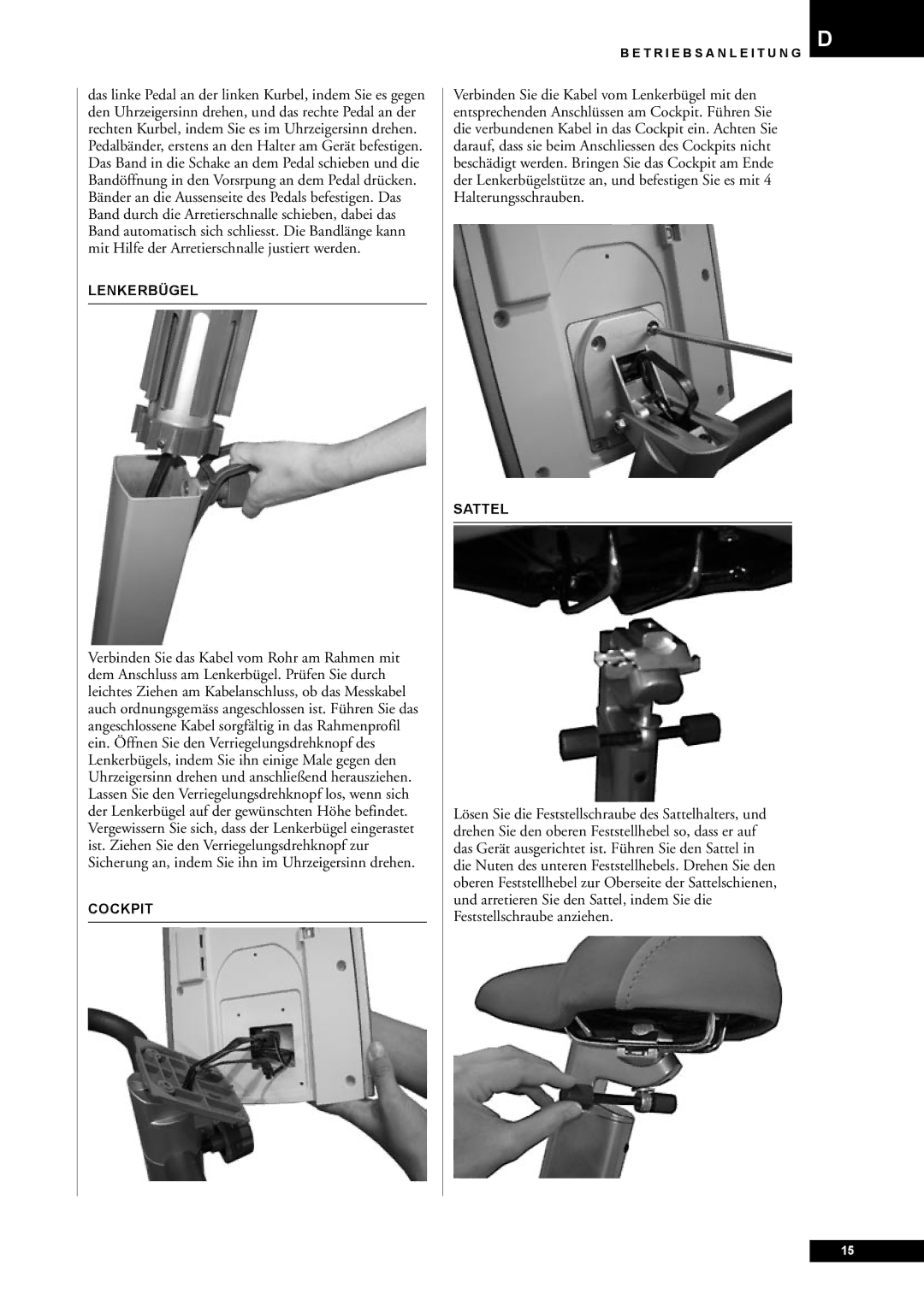 Tunturi E60 owner manual Lenkerbügel, Cockpit, Sattel 