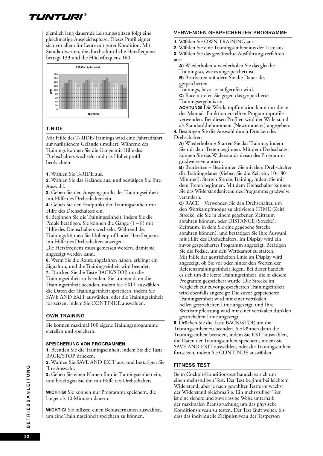 Tunturi E60 owner manual Verwenden Gespeicherter Programme, Speicherung VON Programmen 