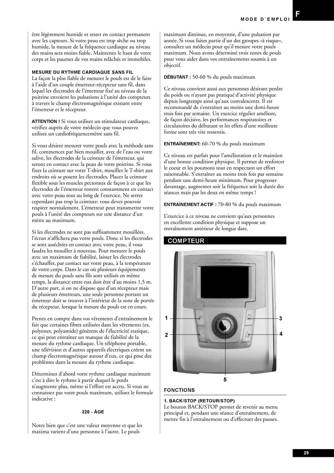 Tunturi E60 Compteur, Entraînement 60-70 % du pouls maximum, Entraînement Actif 70-80 % du pouls maximum, Fonctions 