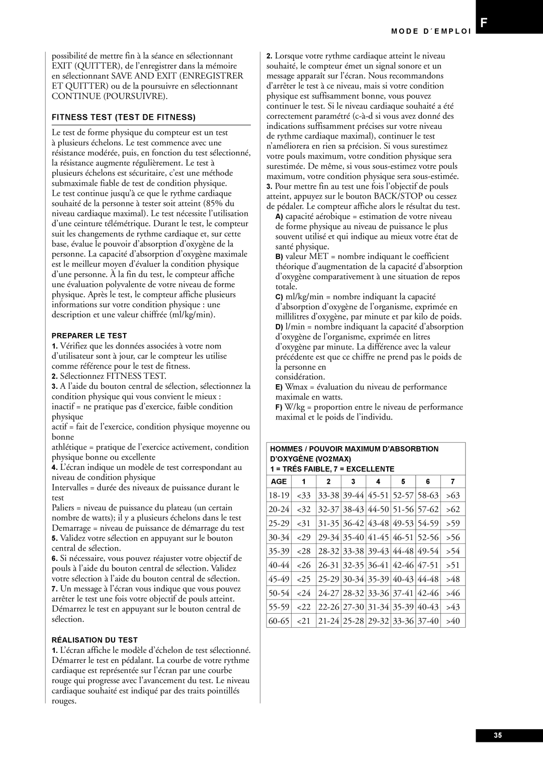 Tunturi E60 owner manual Le test de forme physique du compteur est un test, Fitness Test Test DE Fitness, Preparer LE Test 