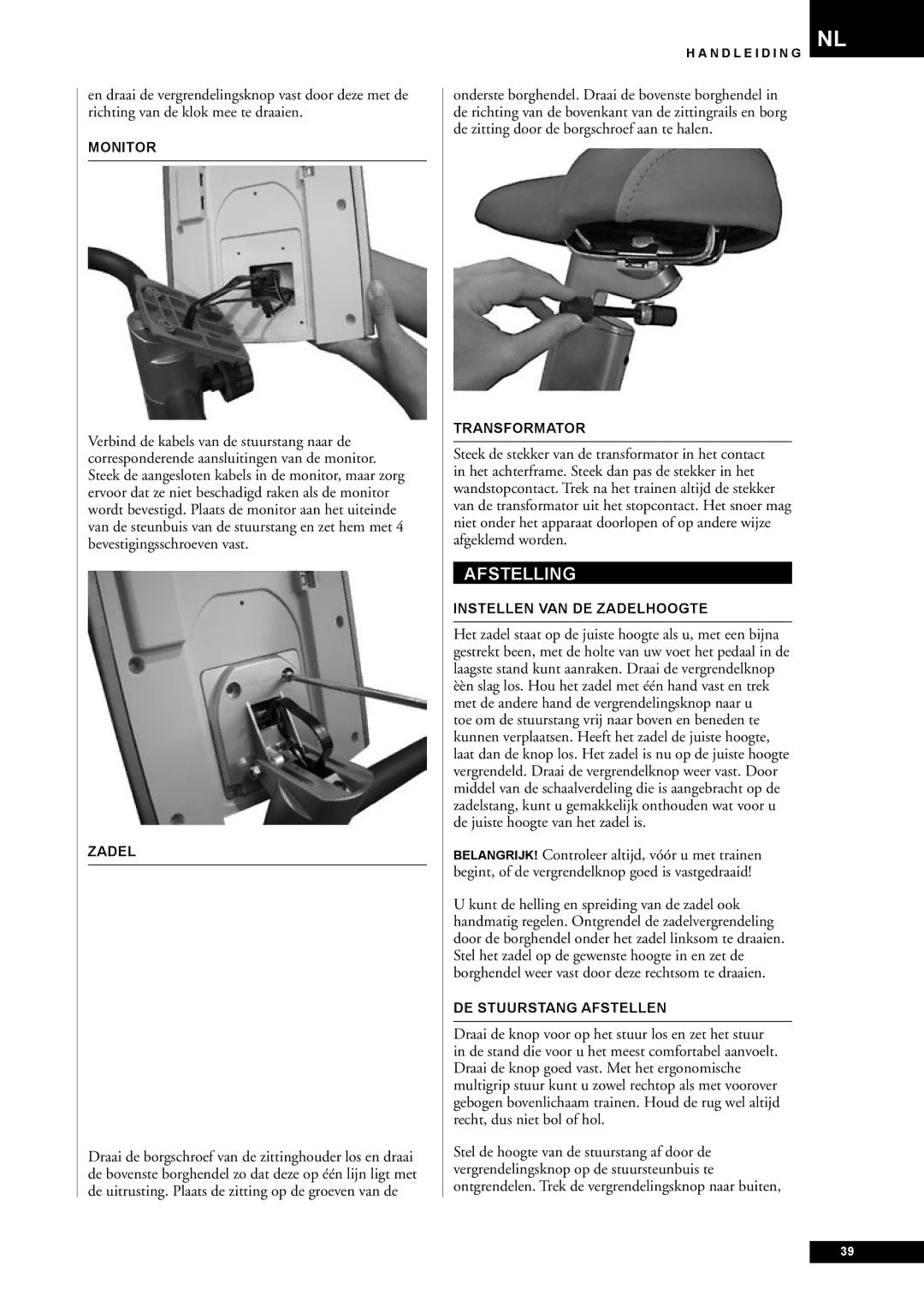 Tunturi E60 owner manual Afstelling 