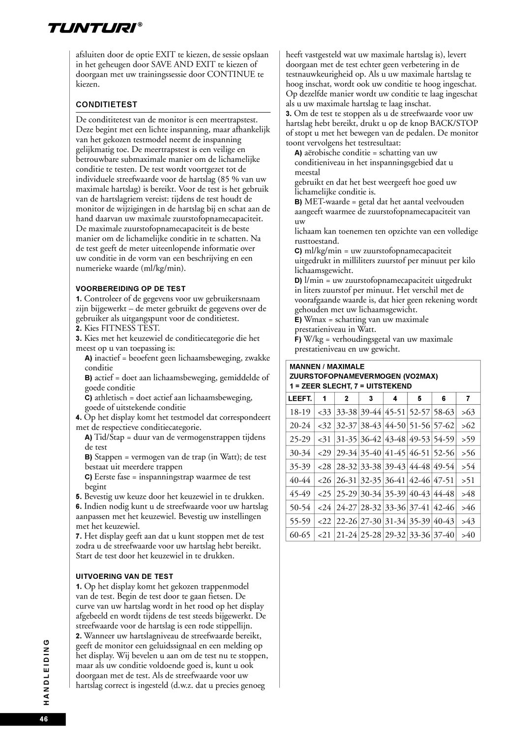 Tunturi E60 owner manual Conditietest, Voorbereiding OP DE Test, Uitvoering VAN DE Test 