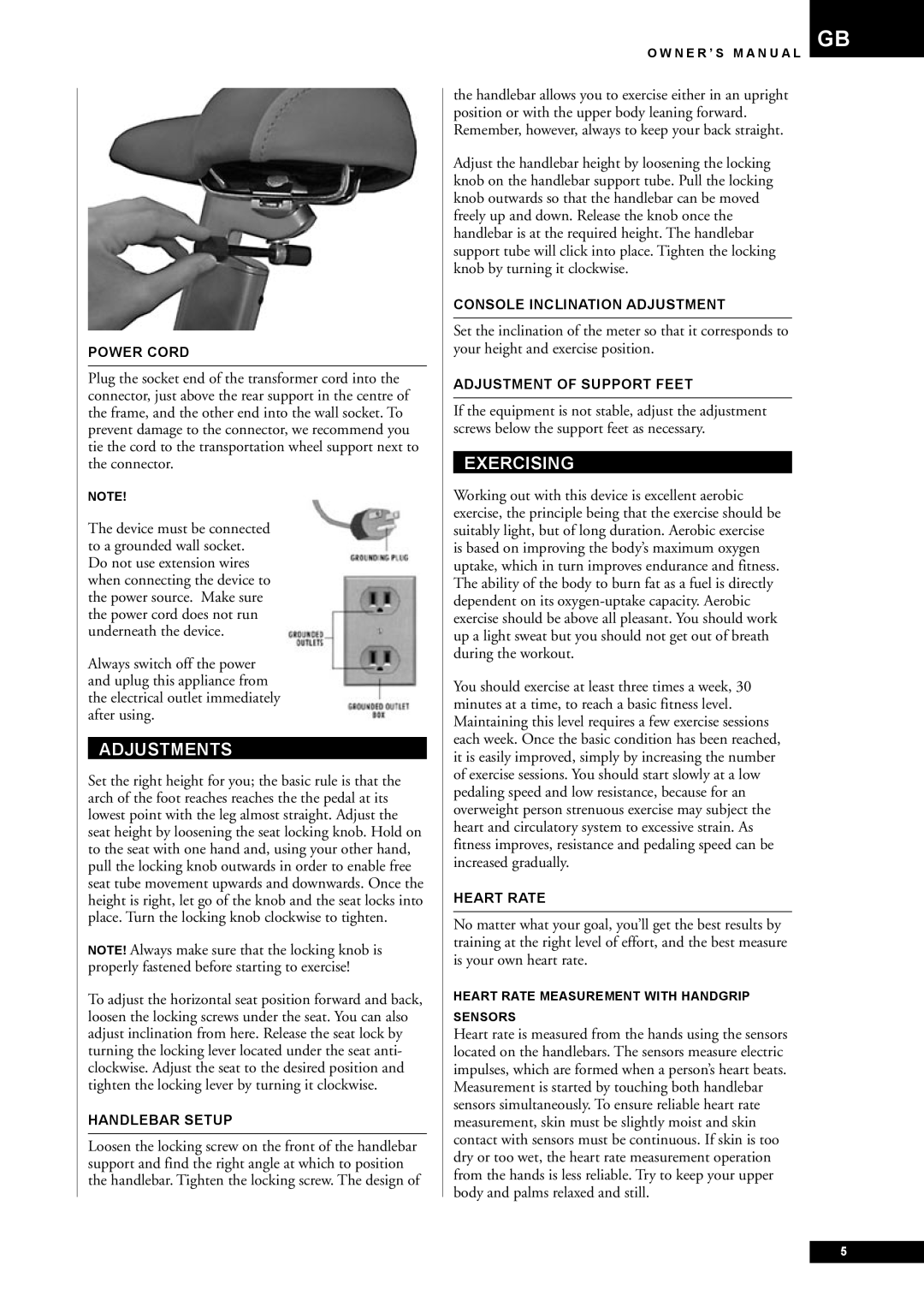 Tunturi E60 owner manual Adjustments, Exercising 