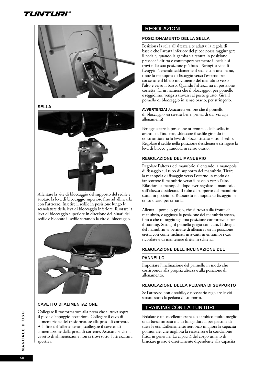 Tunturi E60 owner manual Regolazioni, Training CON LA Tunturi 