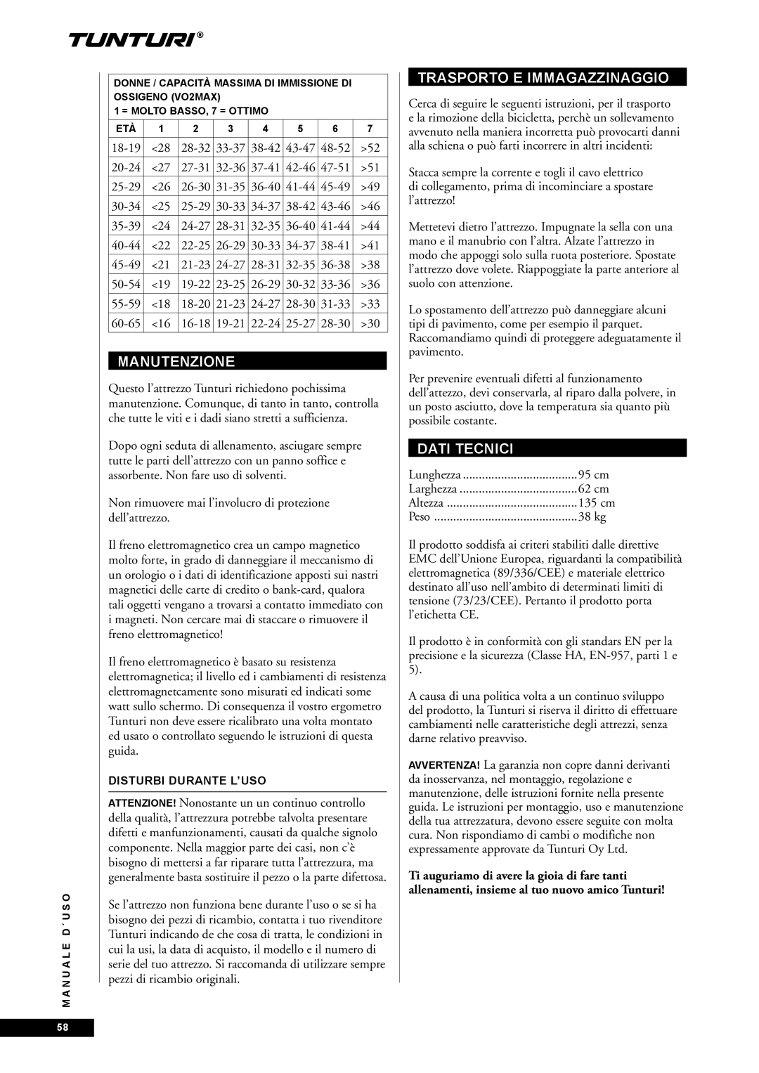 Tunturi E60 owner manual Manutenzione, Trasporto E Immagazzinaggio, Dati Tecnici, Disturbi Durante L’USO 