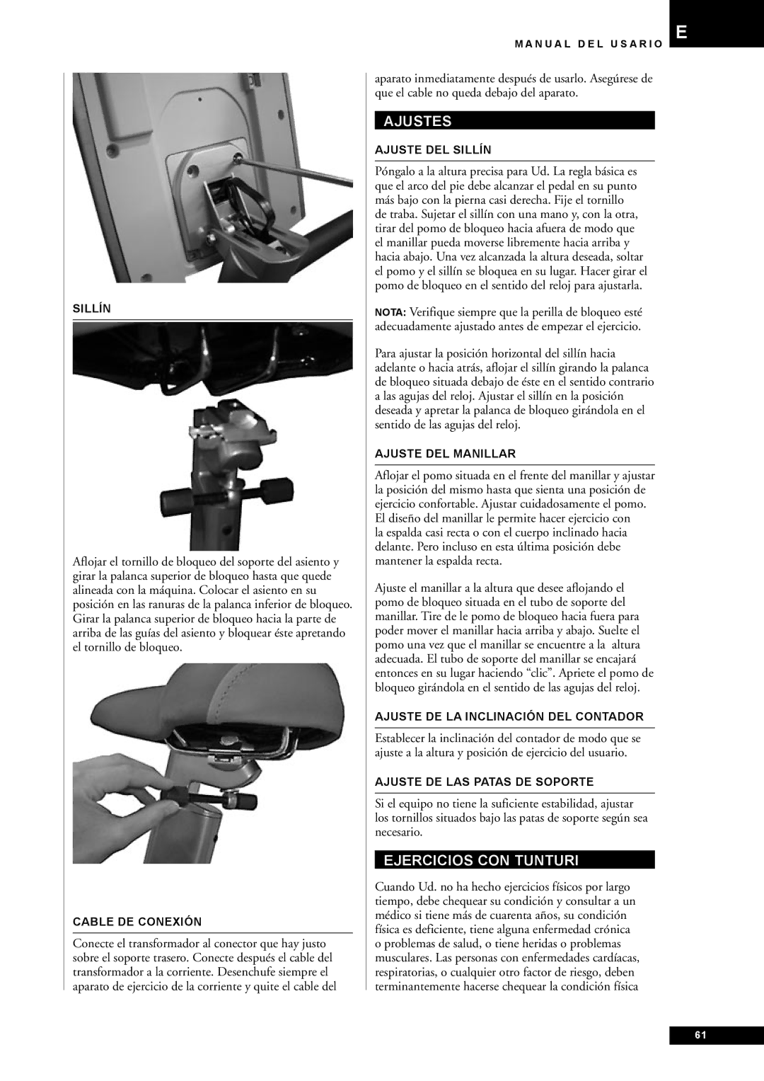 Tunturi E60 owner manual Ajustes, Ejercicios CON Tunturi 