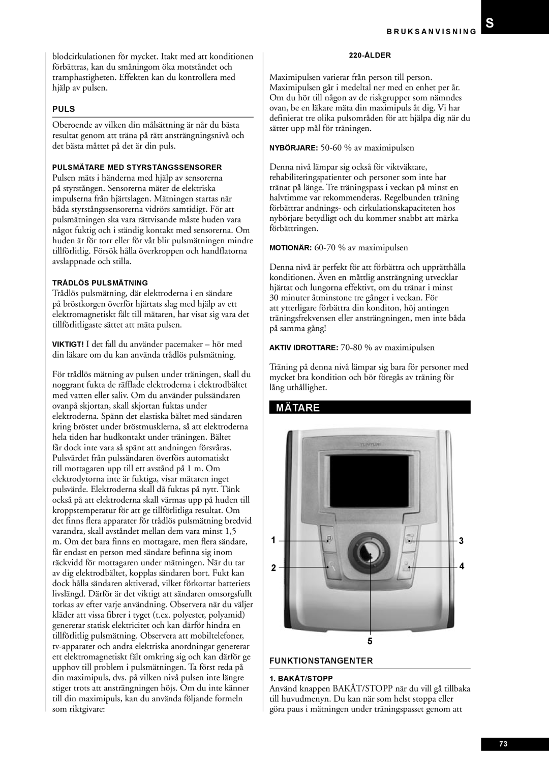 Tunturi E60 owner manual Mätare, Puls, Funktionstangenter 