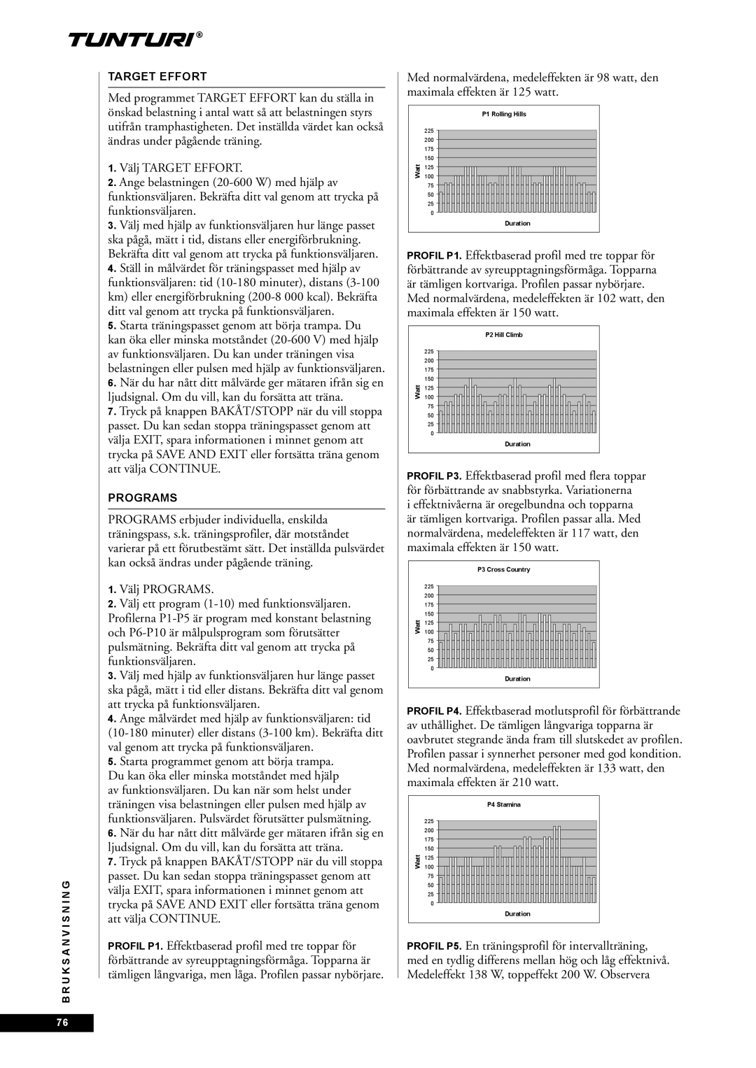 Tunturi E60 owner manual Starta programmet genom att börja trampa, Target Effort 