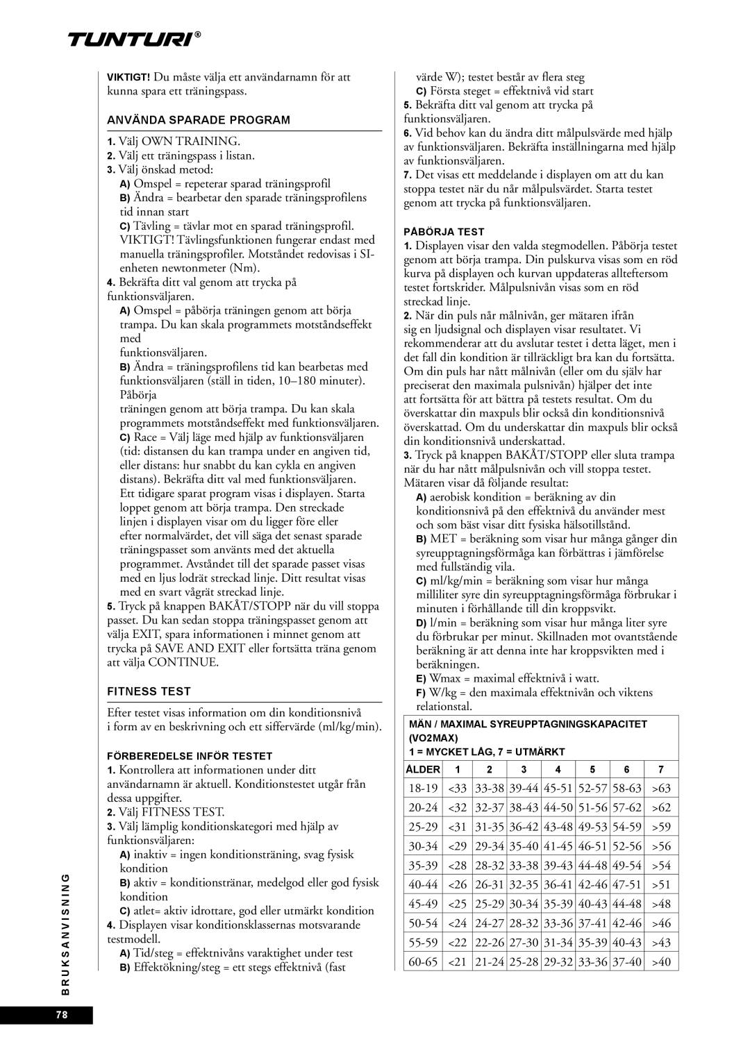 Tunturi E60 owner manual 33-38 39-44 45-51 52-57, Använda Sparade Program, Förberedelse Inför Testet, Påbörja Test 