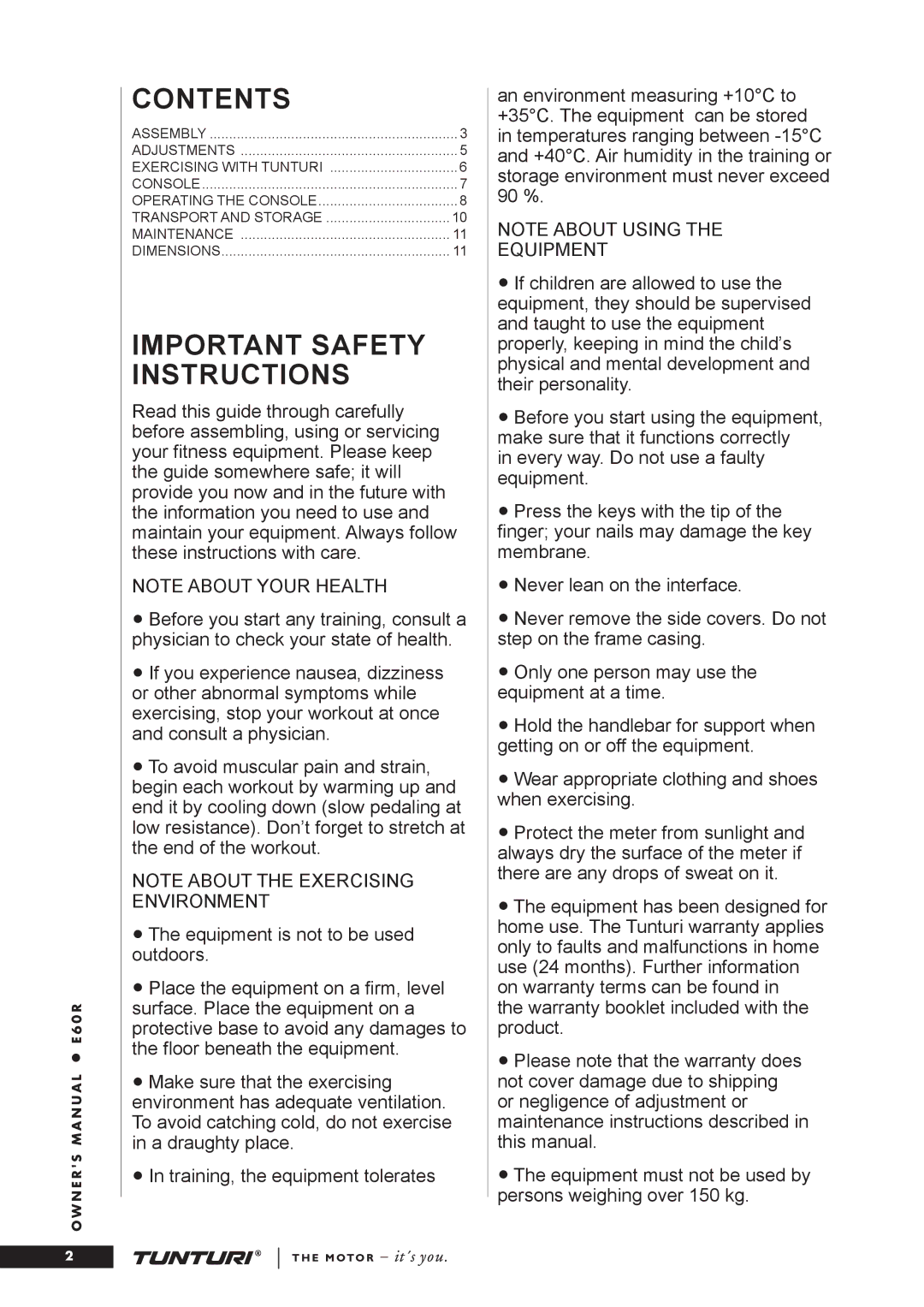 Tunturi E60R owner manual Contents 