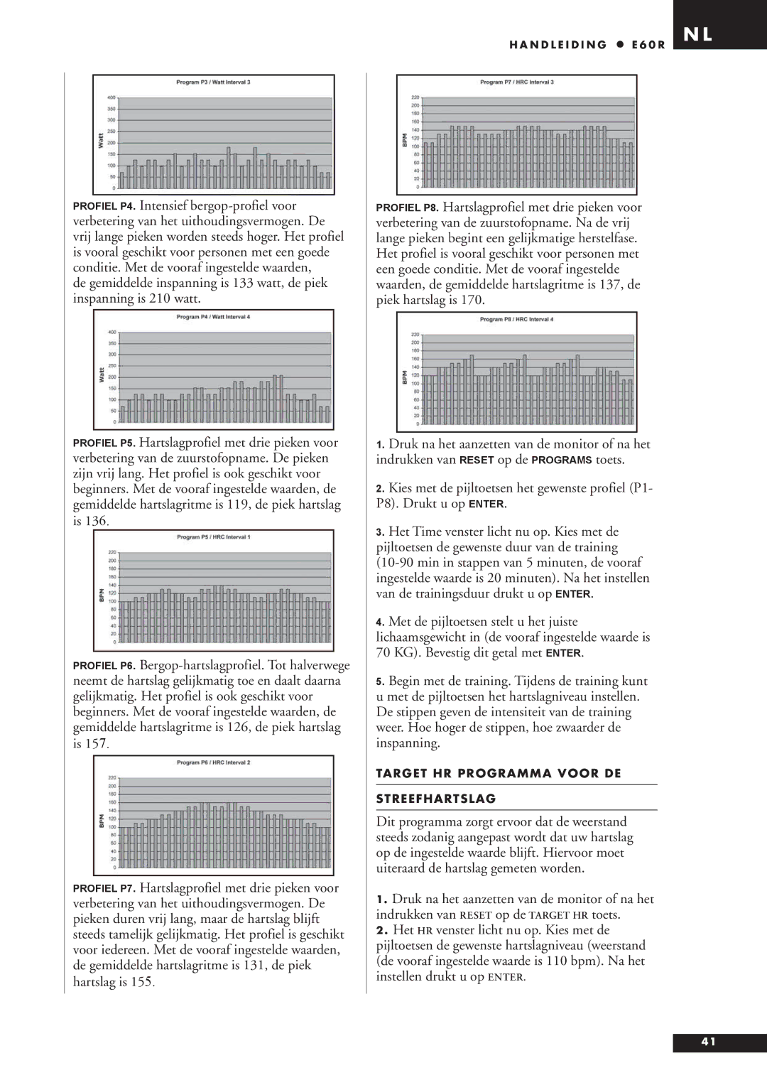 Tunturi E60R owner manual Target HR Programma Voor DE Streefhartslag 