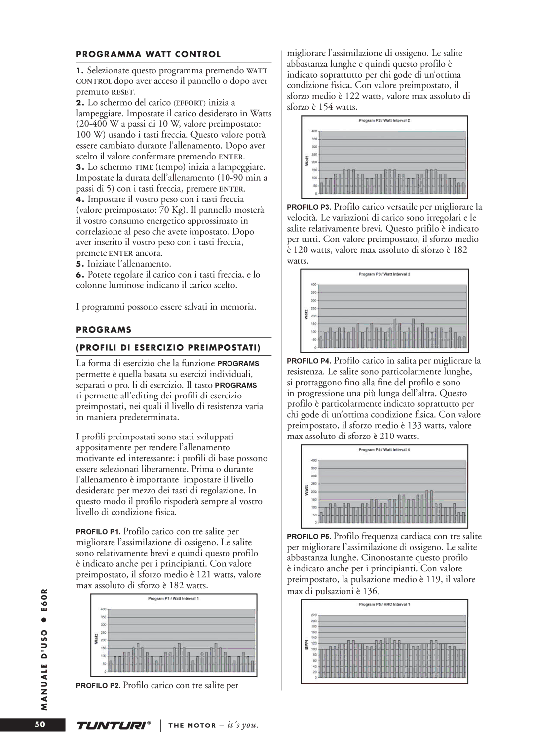Tunturi E60R owner manual A passi di 10 W, valore preimpostato 
