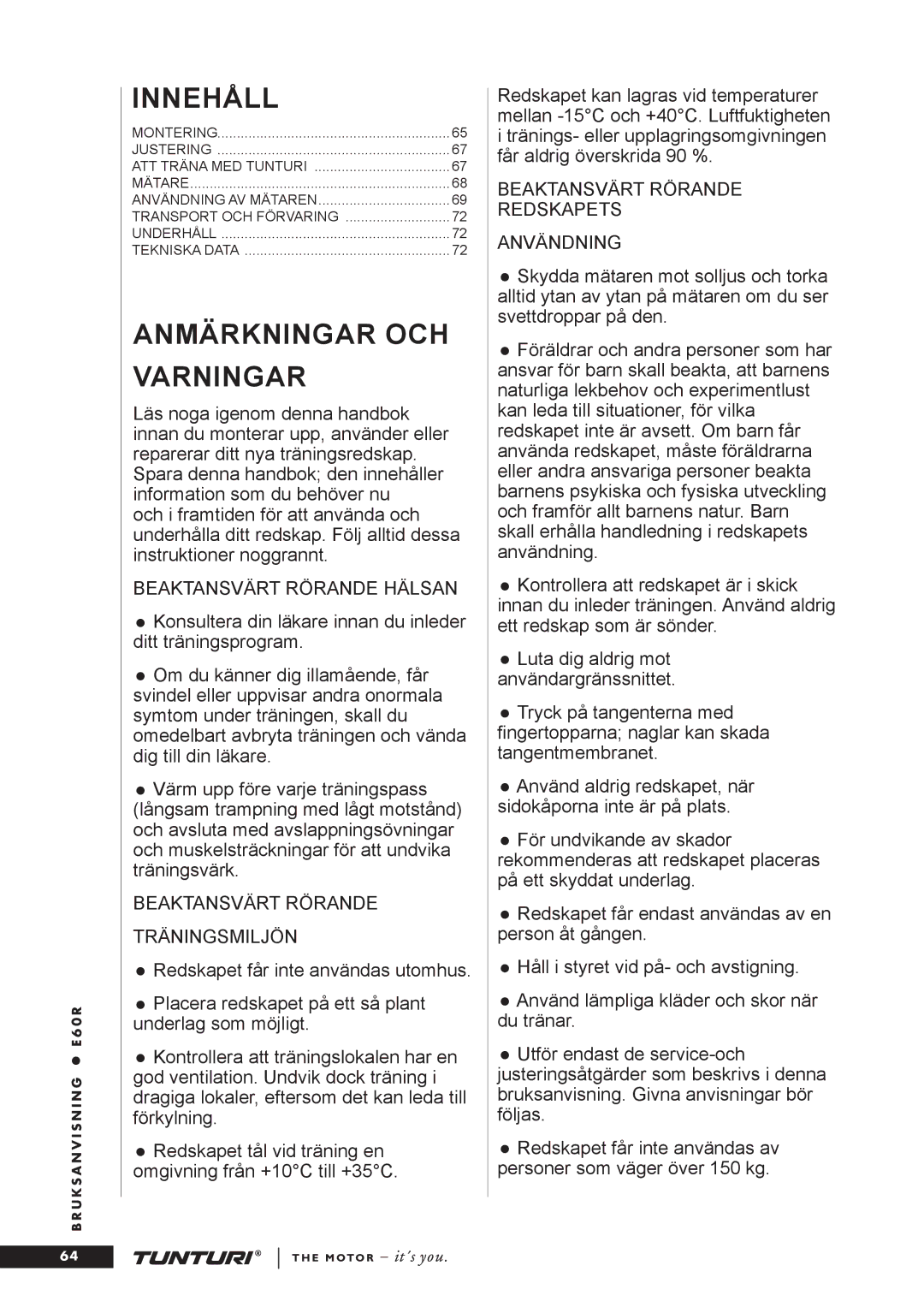 Tunturi E60R owner manual Innehåll 