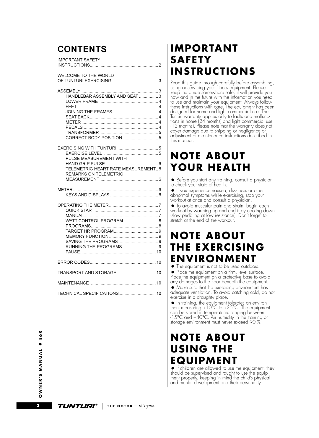 Tunturi E6R owner manual Important Safety Instructions 