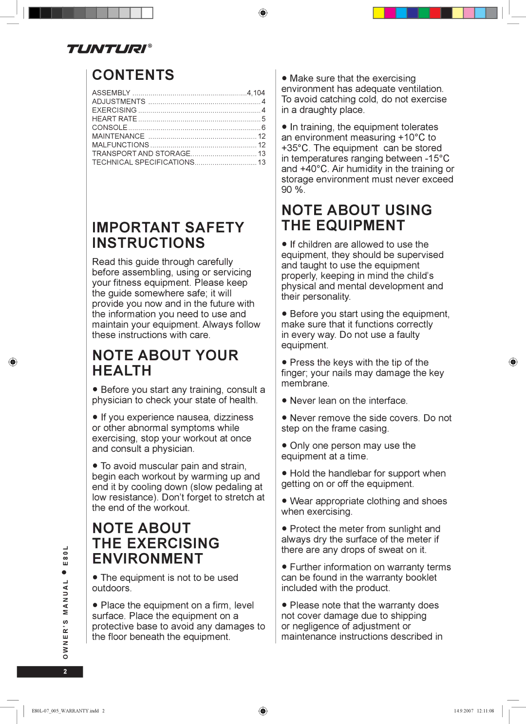 Tunturi E80L owner manual Contents, Important Safety Instructions 