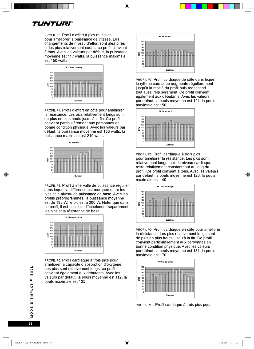 Tunturi E80L owner manual Profil P10. Profil cardiaque à trois pics pour 