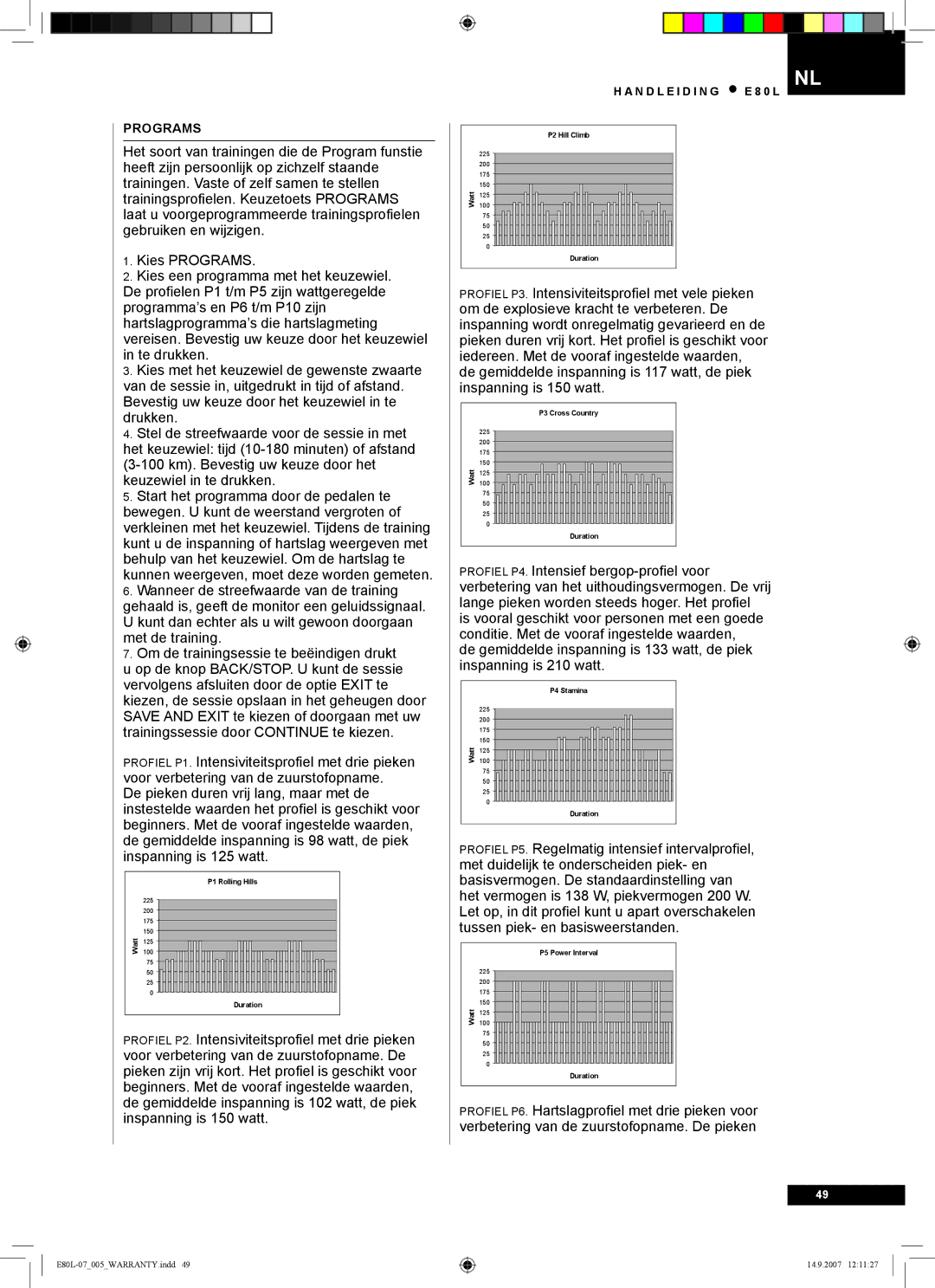 Tunturi E80L owner manual Programs 