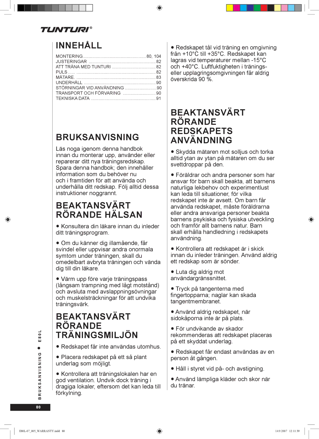 Tunturi E80L owner manual Innehåll, Bruksanvisning 