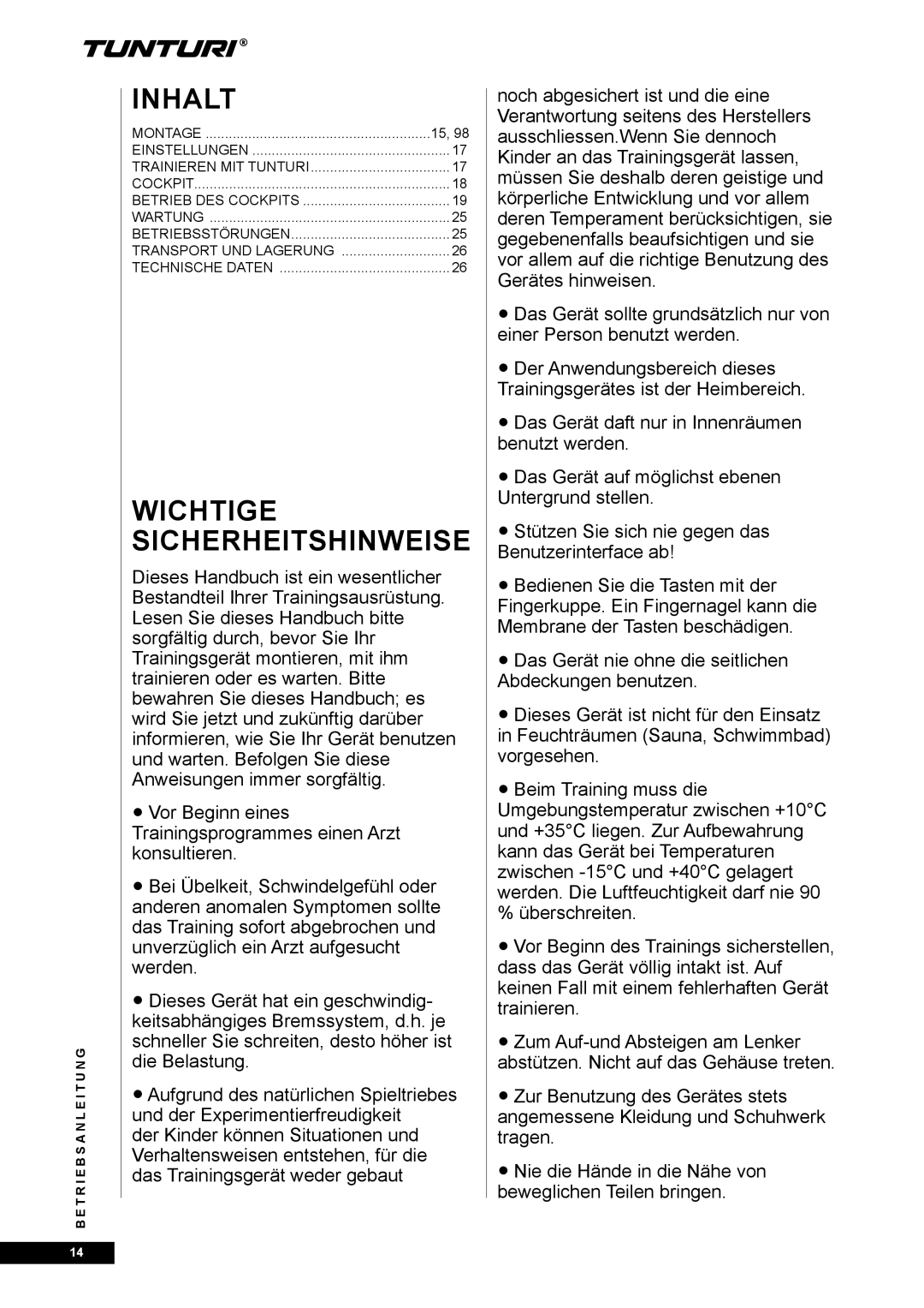 Tunturi E80R owner manual Inhalt, Wichtige Sicherheitshinweise 