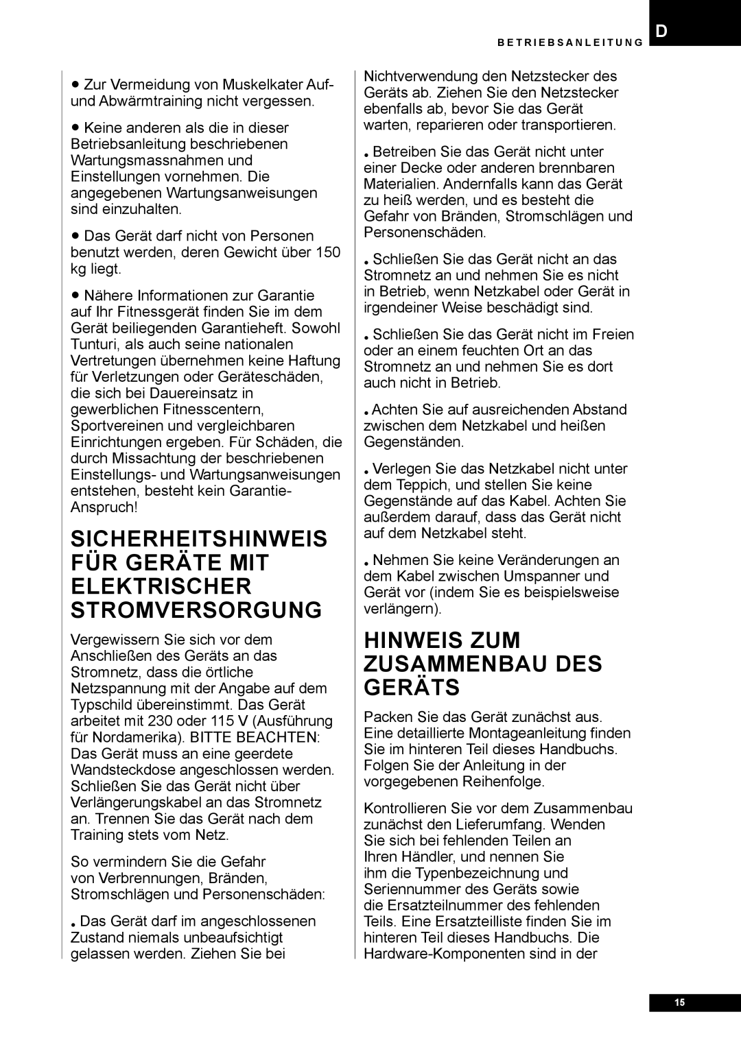 Tunturi E80R owner manual Hinweis zum Zusammenbau des Geräts 