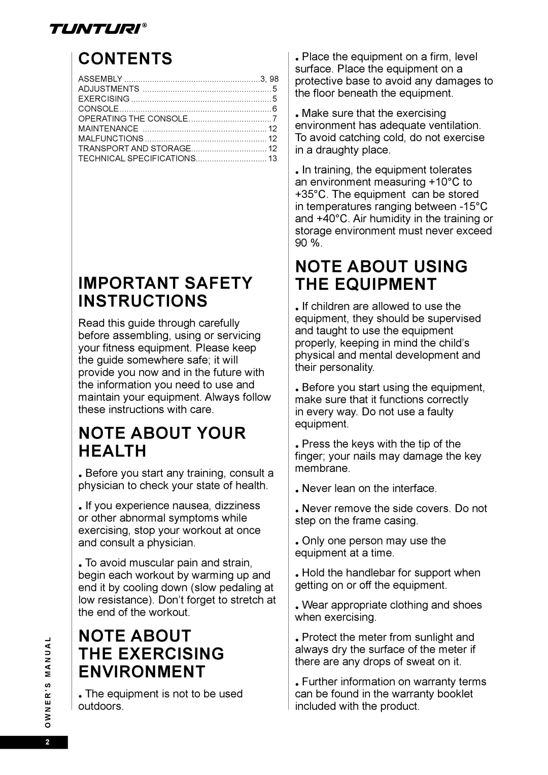 Tunturi E80R owner manual Contents, Important Safety Instructions 