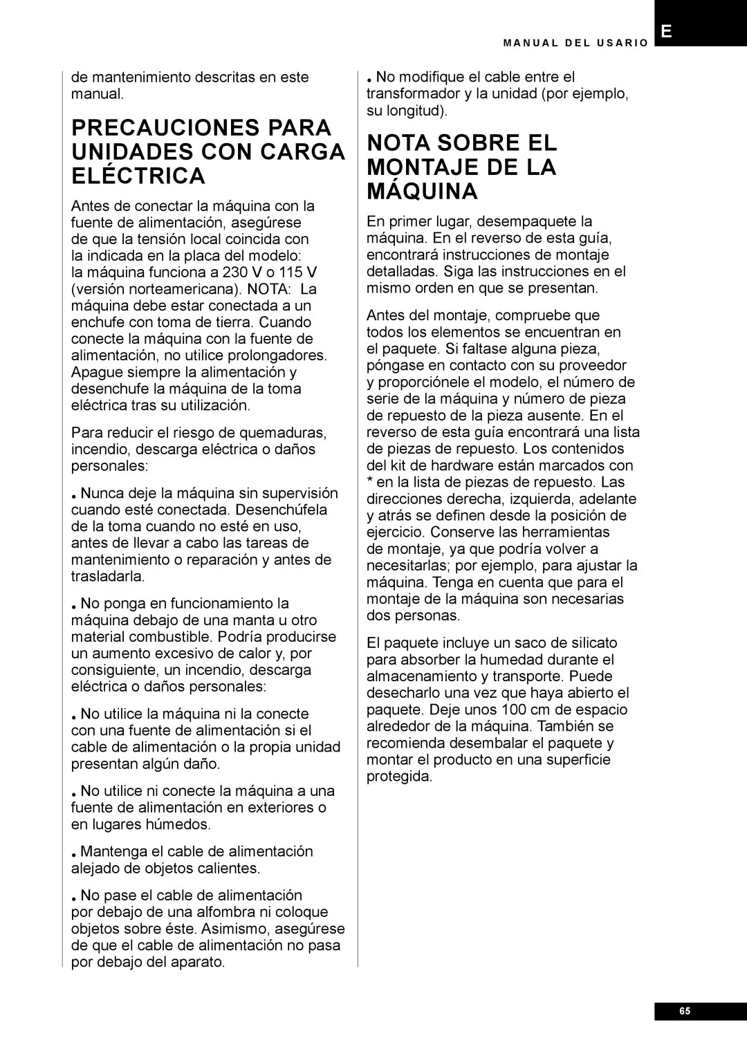 Tunturi E80R owner manual Precauciones para unidades con carga eléctrica, Nota sobre el montaje de la máquina 