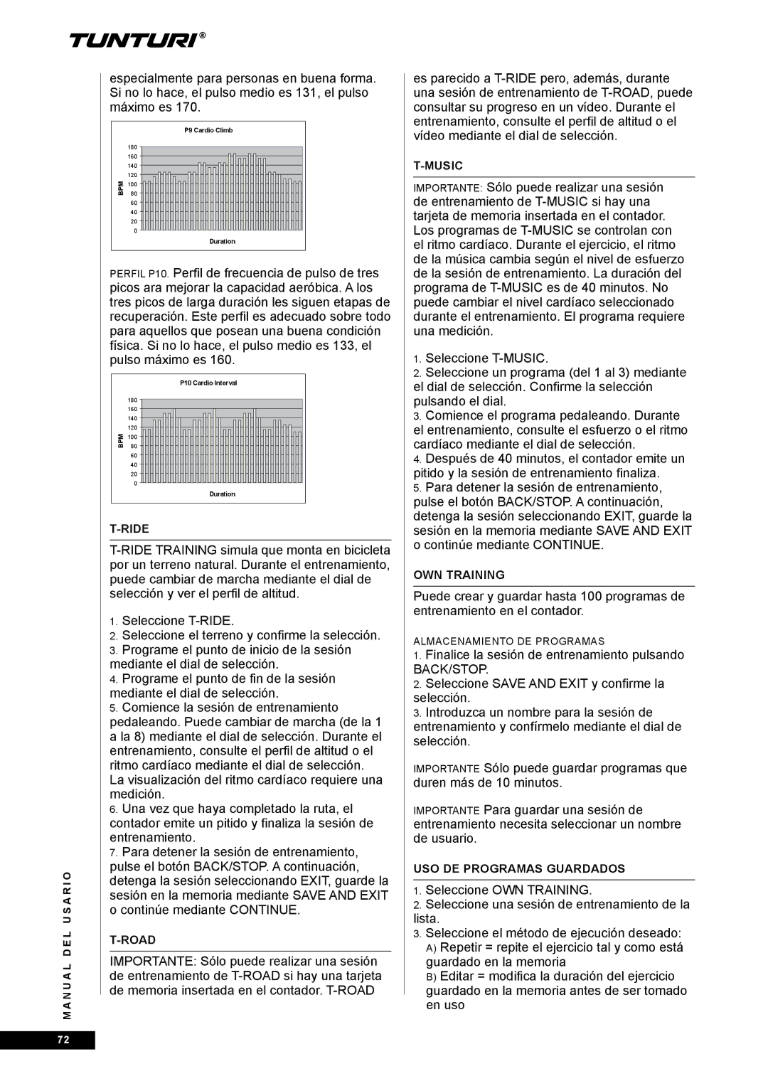 Tunturi E80R owner manual USO DE Programas Guardados 