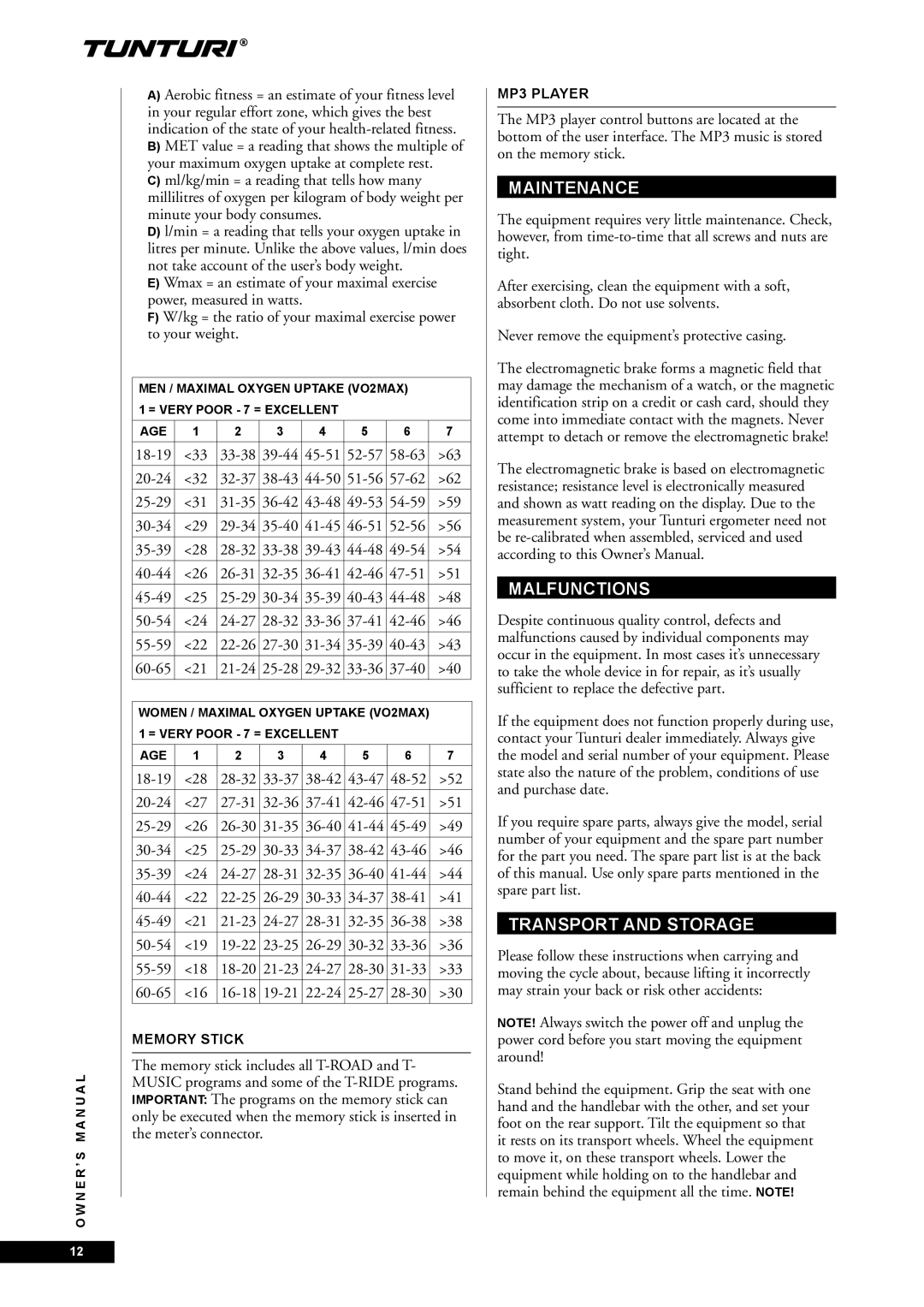 Tunturi E85, E80 owner manual Maintenance, Malfunctions, Transport and Storage 