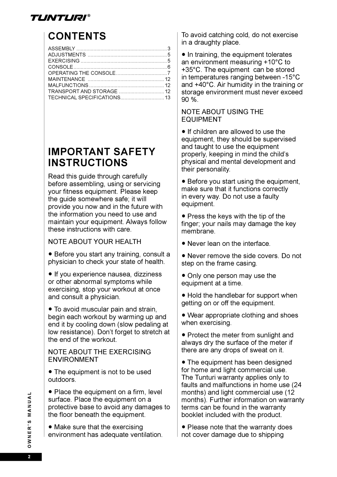 Tunturi E85, E80 owner manual Contents 